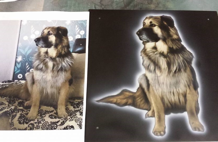 Airbrushed Painting of a Dog Tribute Panel of Dog that passes away to mount on a truck